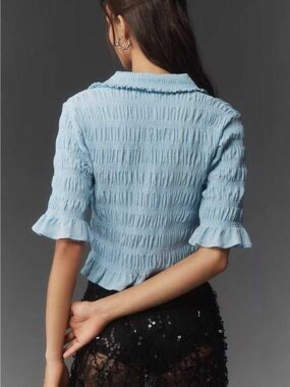 Maeve Light Blue Smocked Button-Front Short Sleeve Top